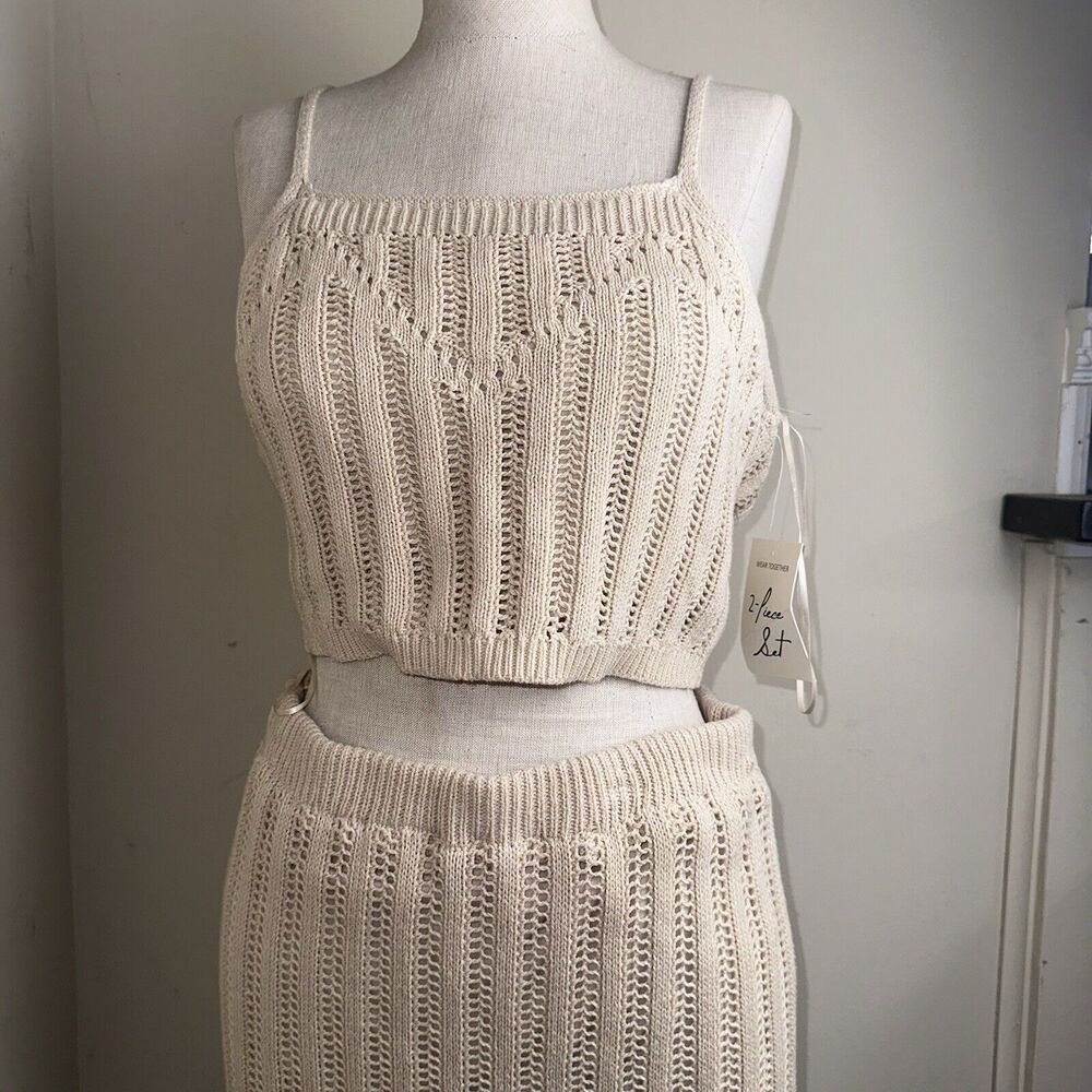 Sleeveless Crochet Knit Two-Piece Skirt Set in Cream - Picture 2 of 8